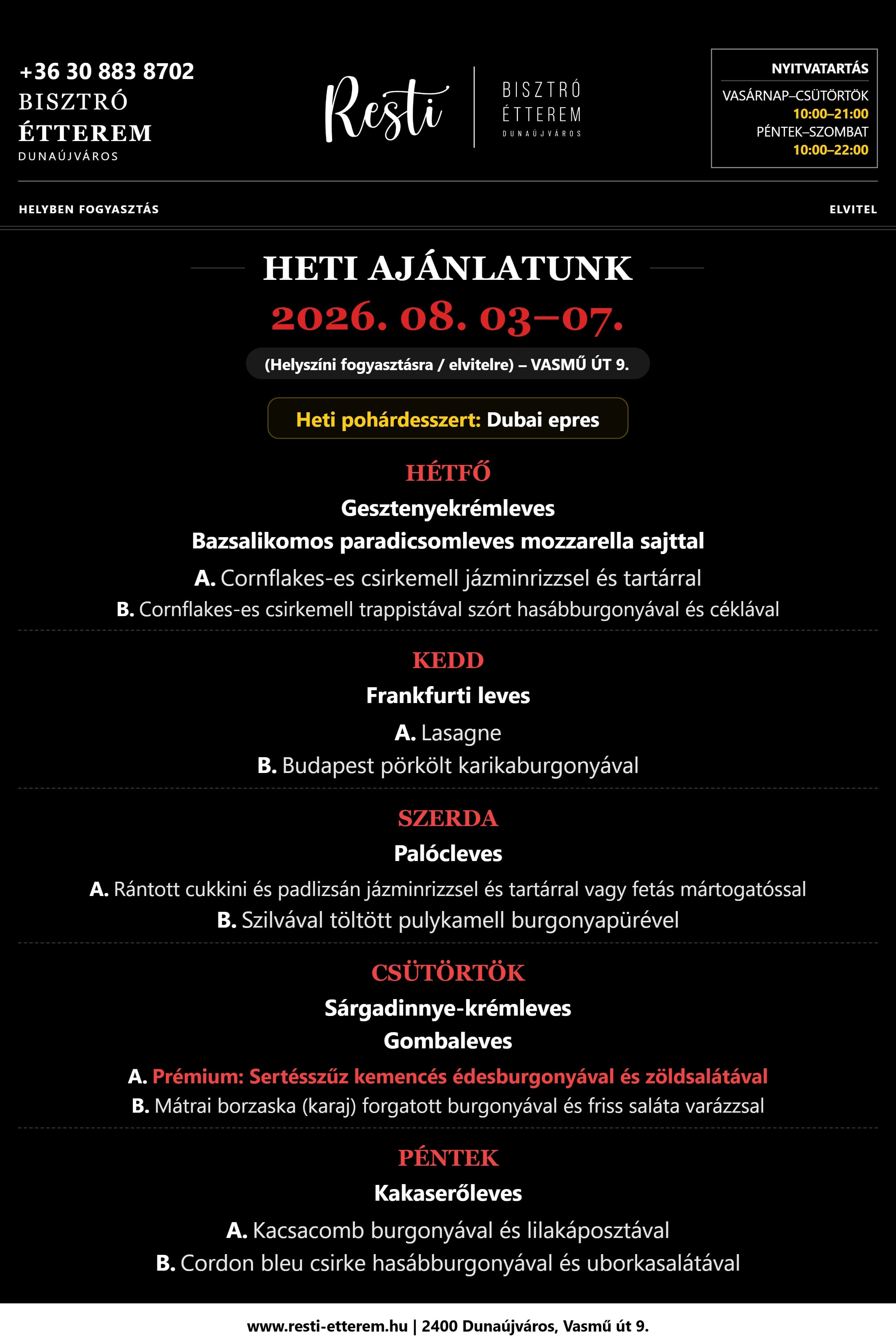A Resti Bisztró aktuális heti ajánlata