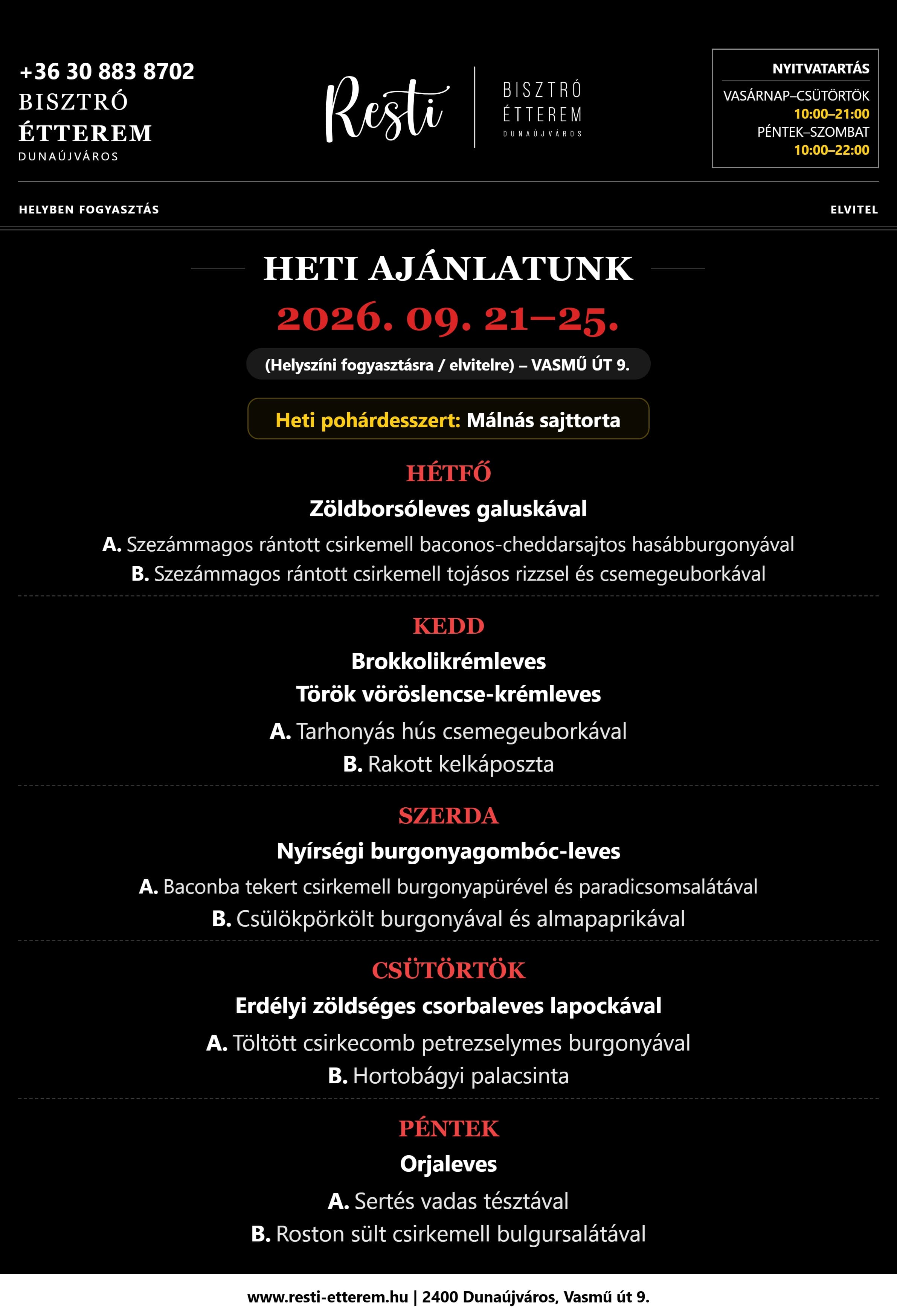 A Resti Bisztró aktuális heti ajánlata